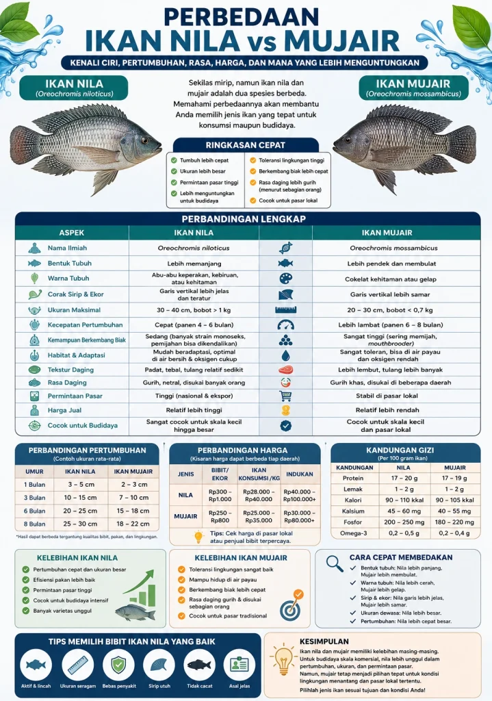 Infografis Perbedaan Ikan Nila dan Mujair: Kenali Ciri, Pertumbuhan, Harga, dan Mana yang Lebih Menguntungkan