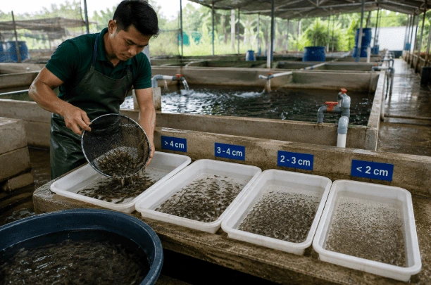 proses grading bibit ikan