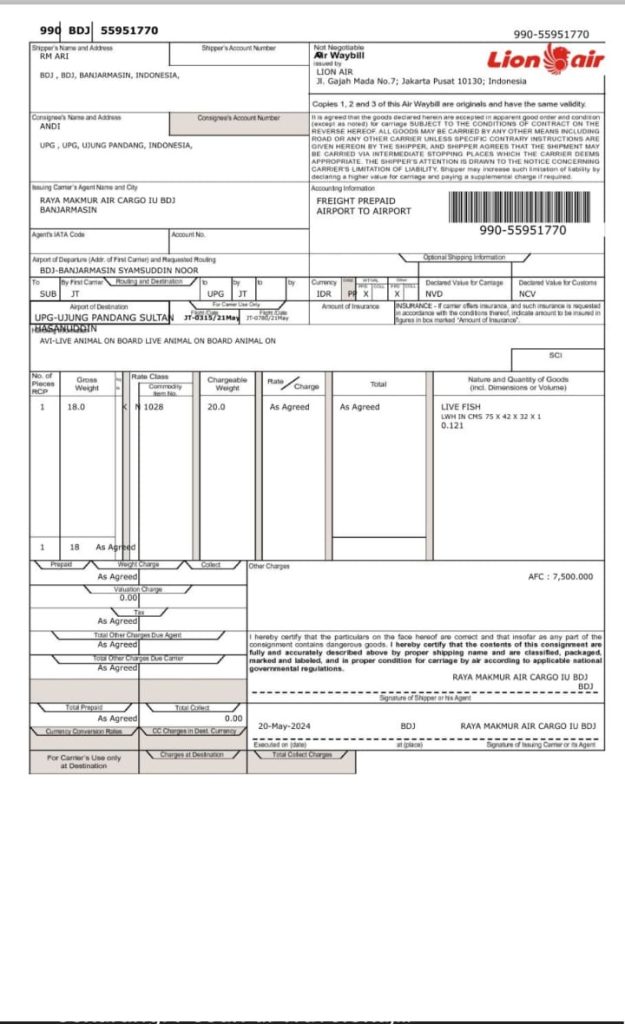 contoh resi pengiriman bibit ikan lion air
